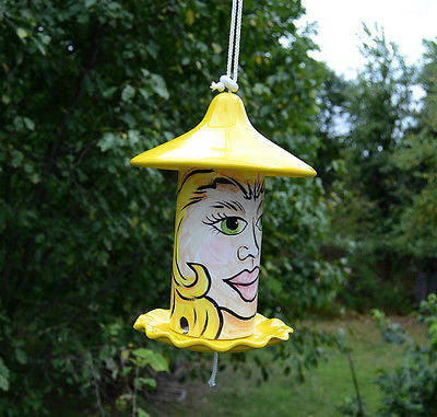 Witchy Face Bird Seed Feeder Yellow Hand Painted Ceramic